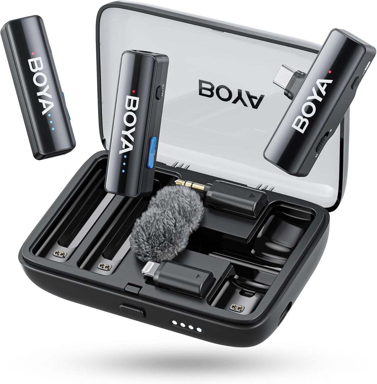 Boya Boyalink 3-in-1 draadloze lavalier-microfoon met USB-C/Lightning/3,5 mm TRS, Mini Lapel Mic, 48 kHz 24 bit, 1000 ft, 30 uur gebruik, ruisonderdrukking, clip on microfoon voor