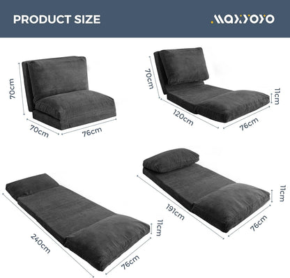 MAXYOYO Opvouwbare corduroy sofa zitzak bedstoel schuimvulling extra dikke 4-voudige vloerbank matras voor volwassenen, inclusief afneembare en machinewasbare hoes voor woonkamer, donkergrijs, 76 x