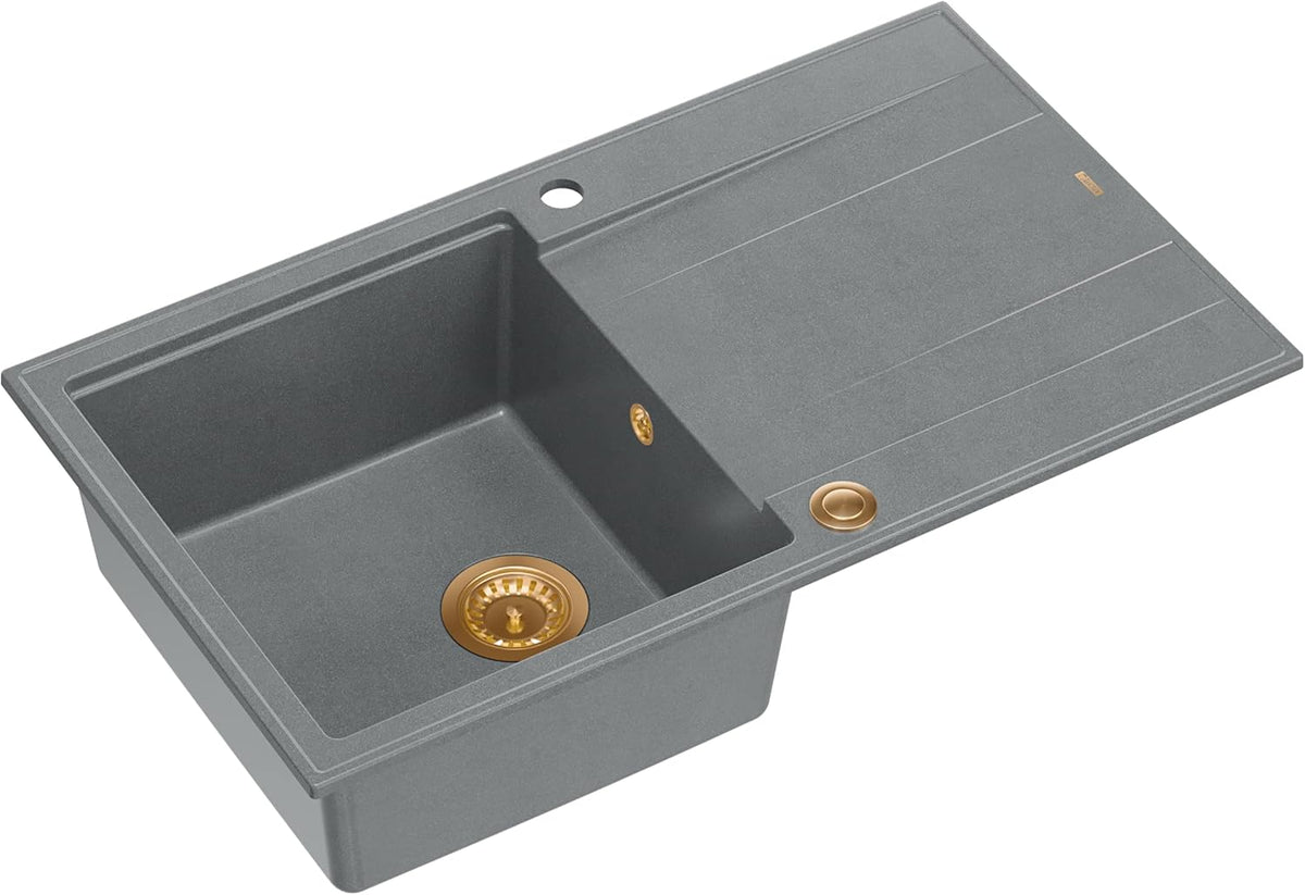Quadron Eva 111 spoelbak, grijs en koper, afmetingen 86 x 50 x 21 cm, granieten spoelbak EVAN 111, enkele spoelbak, keukenspoelbak, met handmatige sifon en afdruipoppervlak, 1 spoelbak