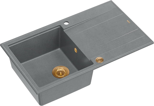 Quadron Eva 111 spoelbak, grijs en koper, afmetingen 86 x 50 x 21 cm, granieten spoelbak EVAN 111, enkele spoelbak, keukenspoelbak, met handmatige sifon en afdruipoppervlak, 1 spoelbak
