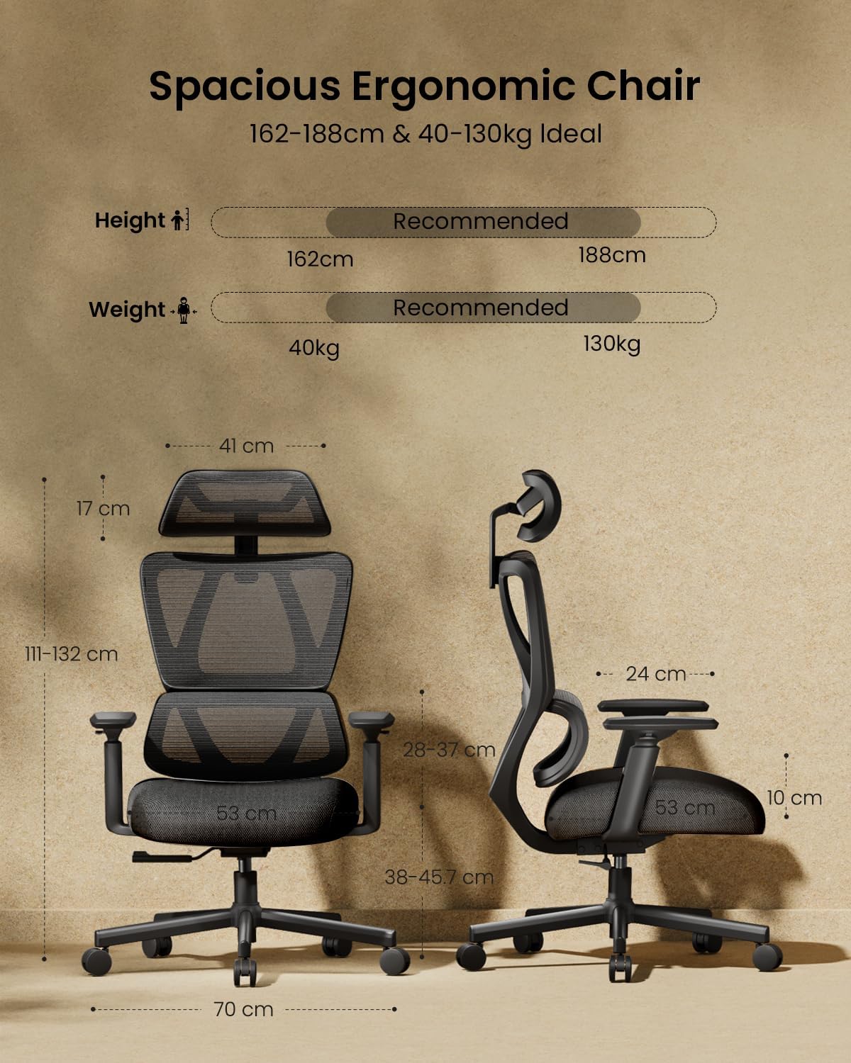 Bureaustoel – Ergonomische Stoel – Office Chair – Gamingstoel – Computerstoel – 10 cm Dik Verend Zitkussen – Verstelbare Lendensteun & Hoofdsteun