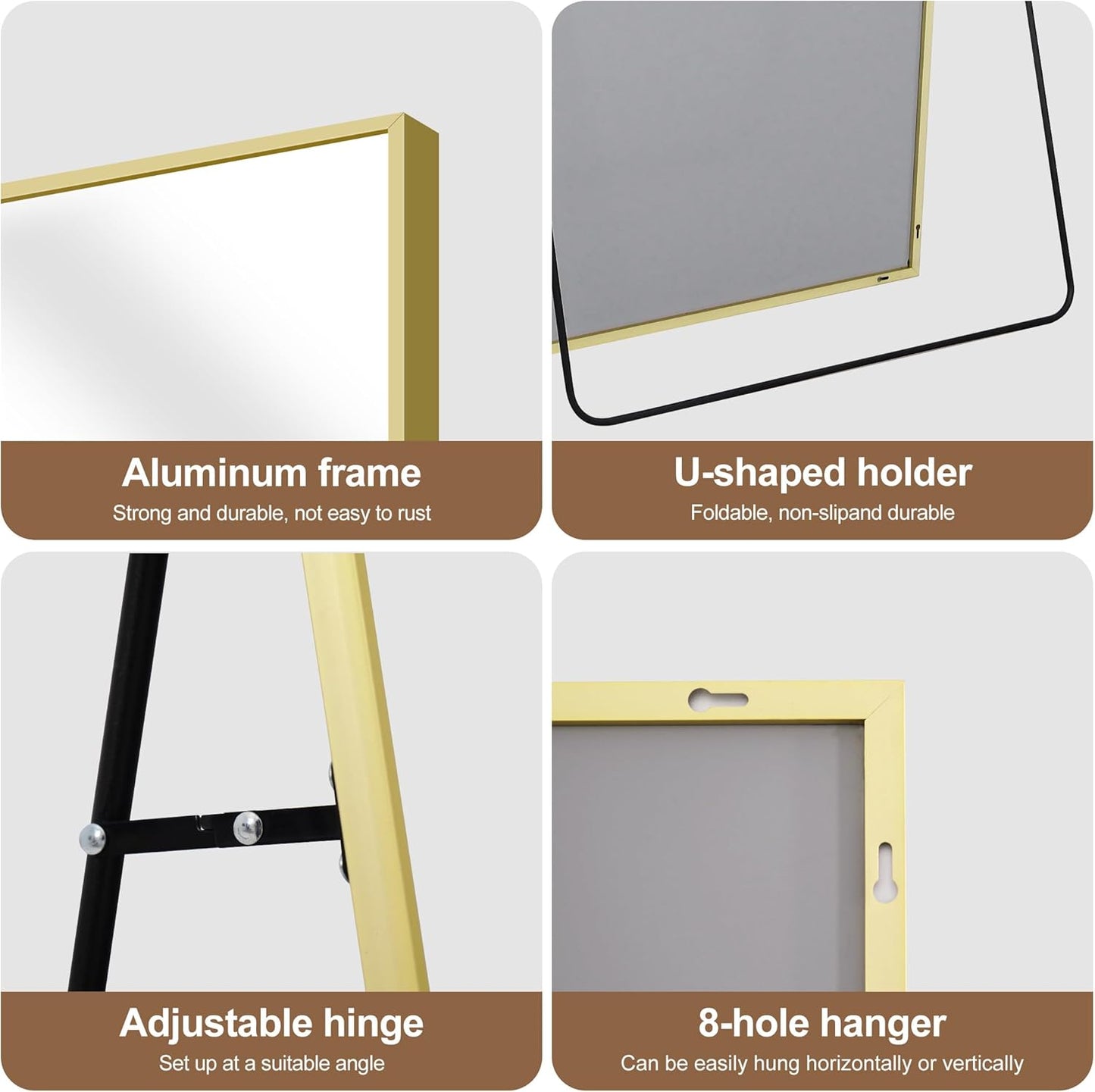 Full-body Spiegel – Vloerspiegel – Wandspiegel – Staande Spiegel – Lichaamsspiegel – 192x85 cm – Gouden Aluminium Frame – Verstelbare Basis