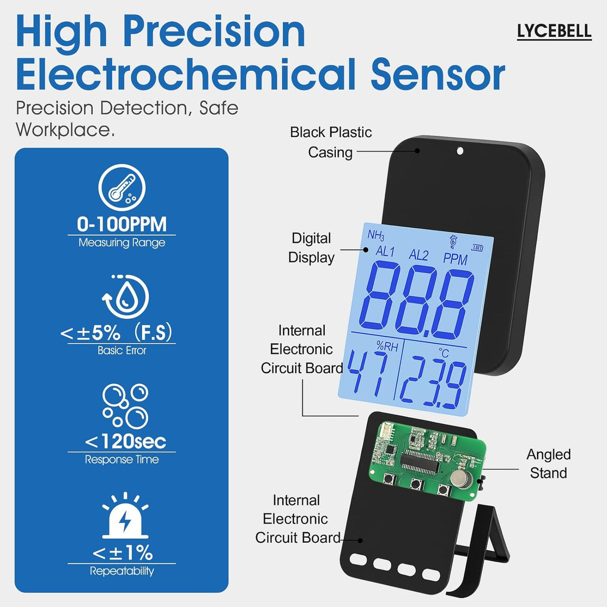 535G Ammoniak-gasdetector, NH3-monitor, 0-100 ppm, met dubbel alarm, oplaadbare draagbare gaslekdetector voor boerderijen, industrie, huis, temperatuur- en vochtigheidsweergave