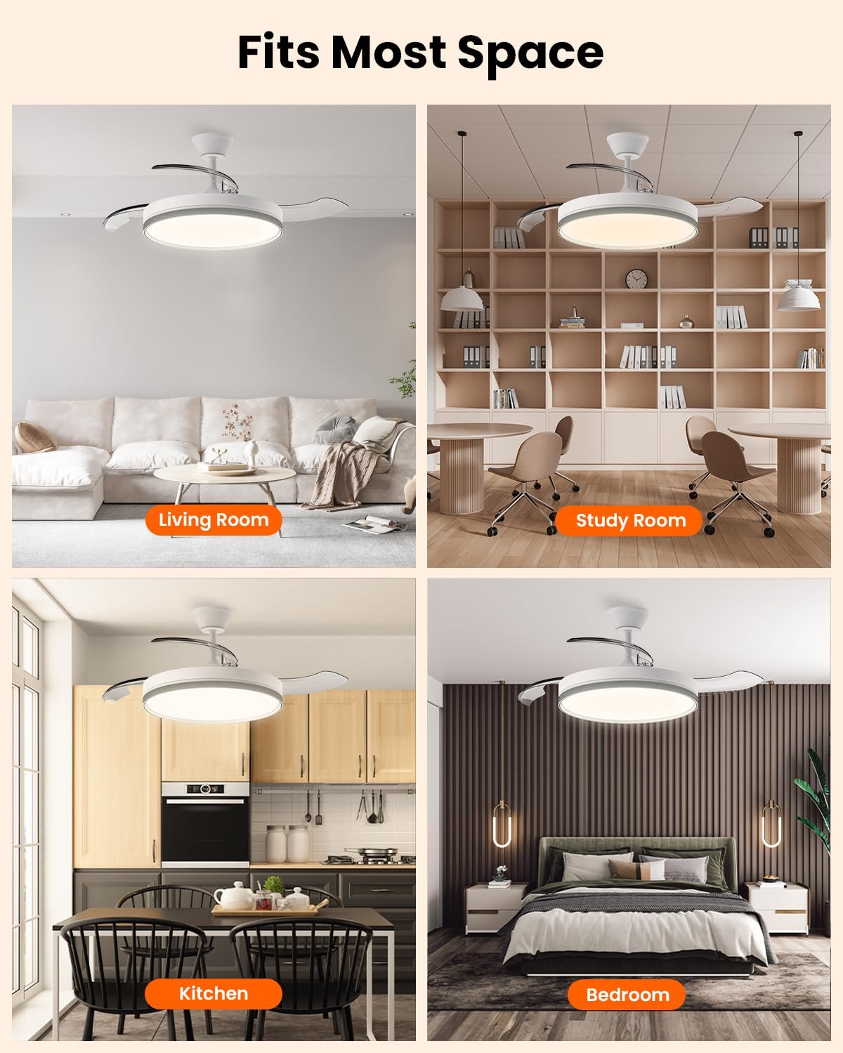 Airwit Intrekbare plafondventilator met verlichting en afstandsbediening, lamp met 3 kleurtemperaturen, stille plafondventilator met licht, DC-motor voor woonkamer, slaapkamer