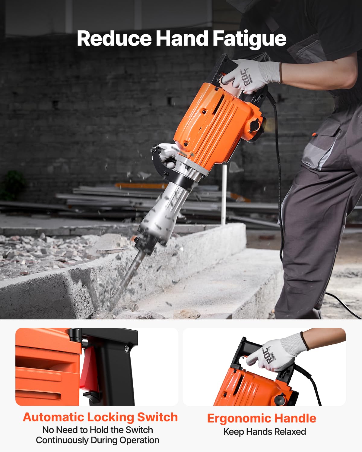 VEVOR Powerful concrete breaker 2200 W, 1-1/8 inch / 28.6 mm electric bridge hammer, drill hammer concrete hammer 1400 BPM, incl. point sizes, flat blades, for sliding, concrete, etc