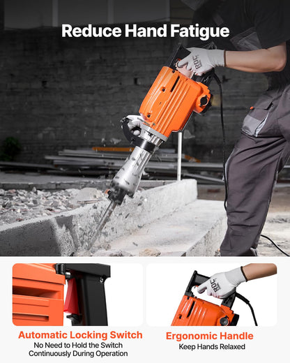 VEVOR Powerful concrete breaker 2200 W, 1-1/8 inch / 28.6 mm electric bridge hammer, drill hammer concrete hammer 1400 BPM, incl. point sizes, flat blades, for sliding, concrete, etc