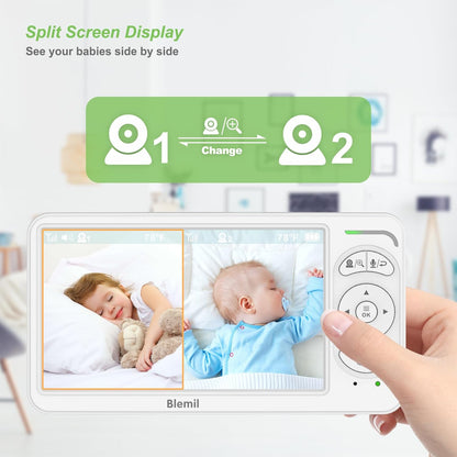 Blemil Babyfoon, Video Babyfoon met 2 Camera's en Audio, 6 IPS Grote Split Screen Remote Pan/Tilt/Zoom Babyfoon, Videomonitorcamera's met helder nachtzicht en 30 uur batterij Levensduur
