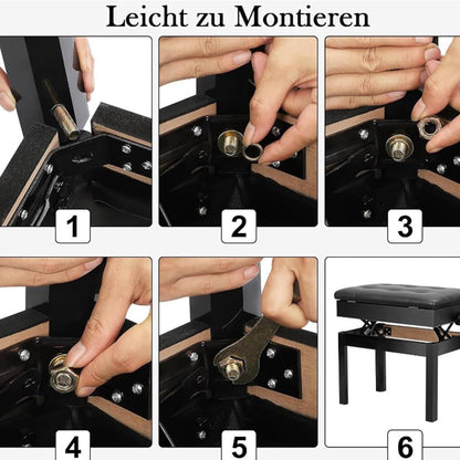 Piano zitbank 56 x 33,5 x 58 cm Verstelbare hoogte met PU leder Gepolsterde zitkussen Opbergruimte Smaak Afbergvak Hocker Zwart