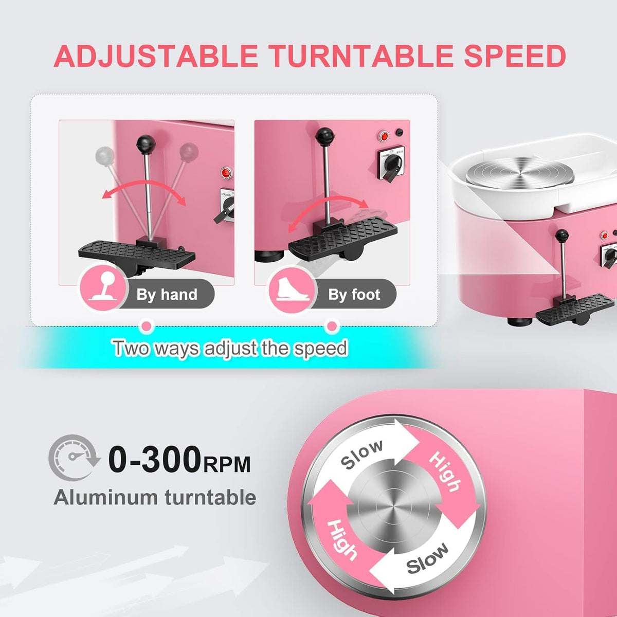 Pottenbakkersschijf – Keramiek Draaischijf – Boetseerschijf – Klei Draaitafel – Elektrische Pottenbakmachine – Roze – 25 cm Diameter – 350W Met Voetpedaal
