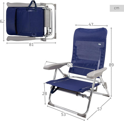 AKTIVE Set van 2 strandstoelen, plat inklapbaar, zeer compact, meerdere posities, 6 posities, met kussen en tafel, handgrepen voor eenvoudig transport, afmetingen 47 x 57 x 89 cm, van aluminium en