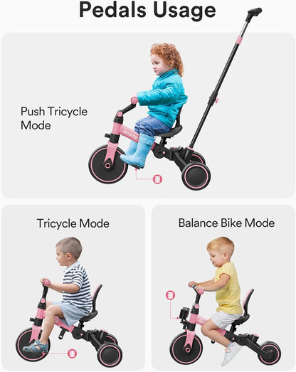 besrey Kinderfiets met oudergestuurde duwstang voor meisjes en jongens van 1-3 jaar, opvouwbare kinderdriewieler, driewieler met afneembare pedalen, in hoogte verstelbare zitting