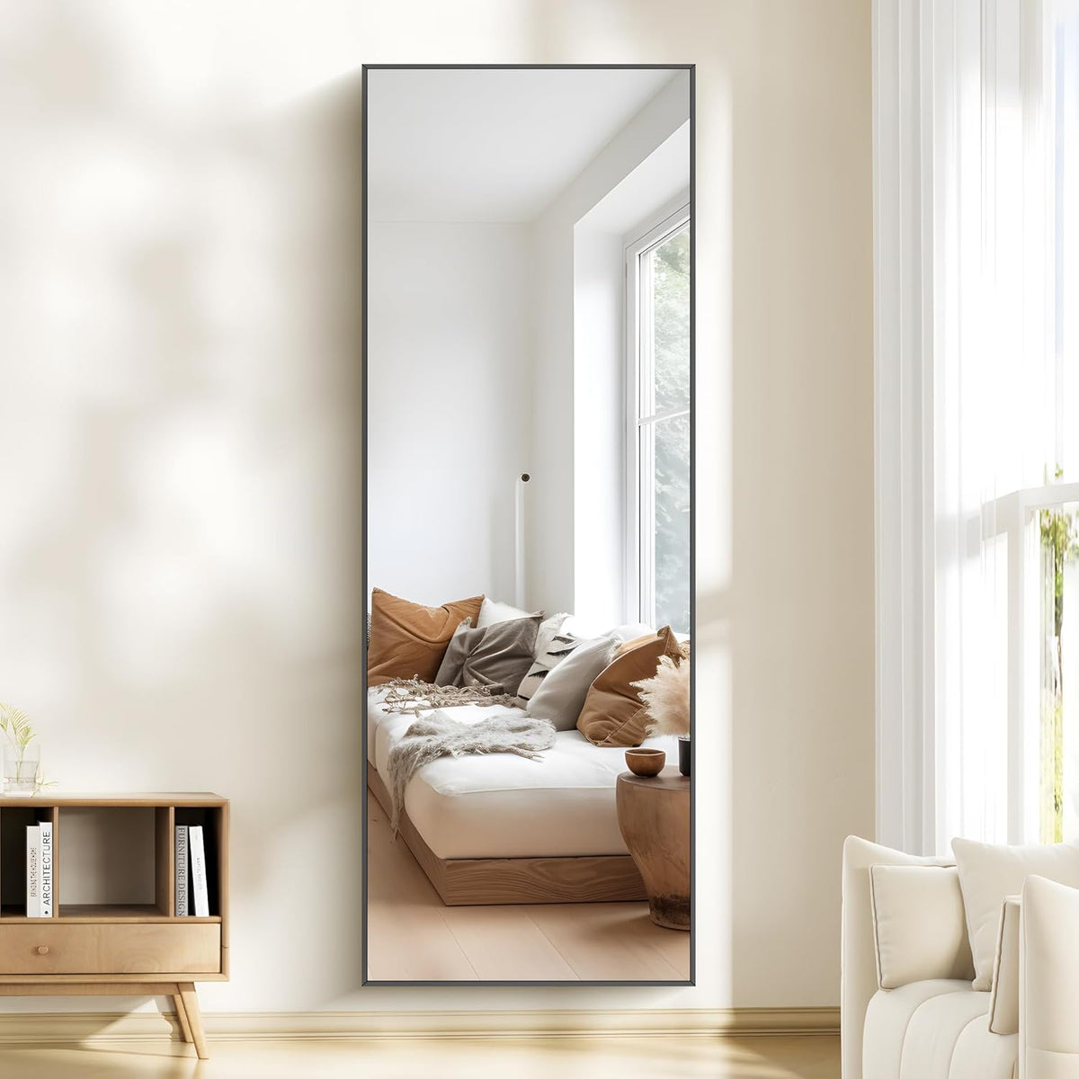 WOLIBEER Volledige spiegel, 165 x 60 cm, wand- en staande spiegel met aluminium frame, zwart, rechthoekige full-body spiegel voor hal, fitness, slaapkamer