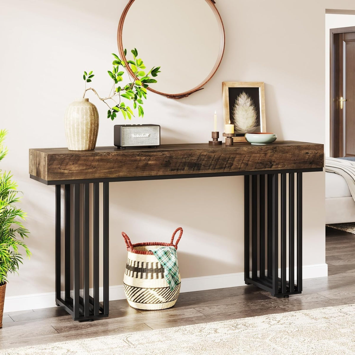 Tribesigns 140cm Console Table for Entrance, Industrial Hallway Table with Stylish Metal Frame, Sofa Foyer Table for Living Room, Entrance, Brown and Black.