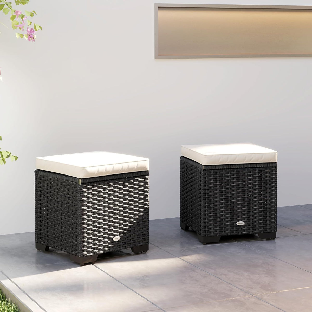 Outsunny Set of 2 Rattan Storage Ottoman, Outdoor Footstool with Removable Cushions, Garden Storage Seat for Balcony, Porch, Living Room, Cream - QUORE