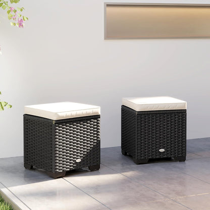 Outsunny Set of 2 Rattan Storage Ottoman, Outdoor Footstool with Removable Cushions, Garden Storage Seat for Balcony, Porch, Living Room, Cream - QUORE