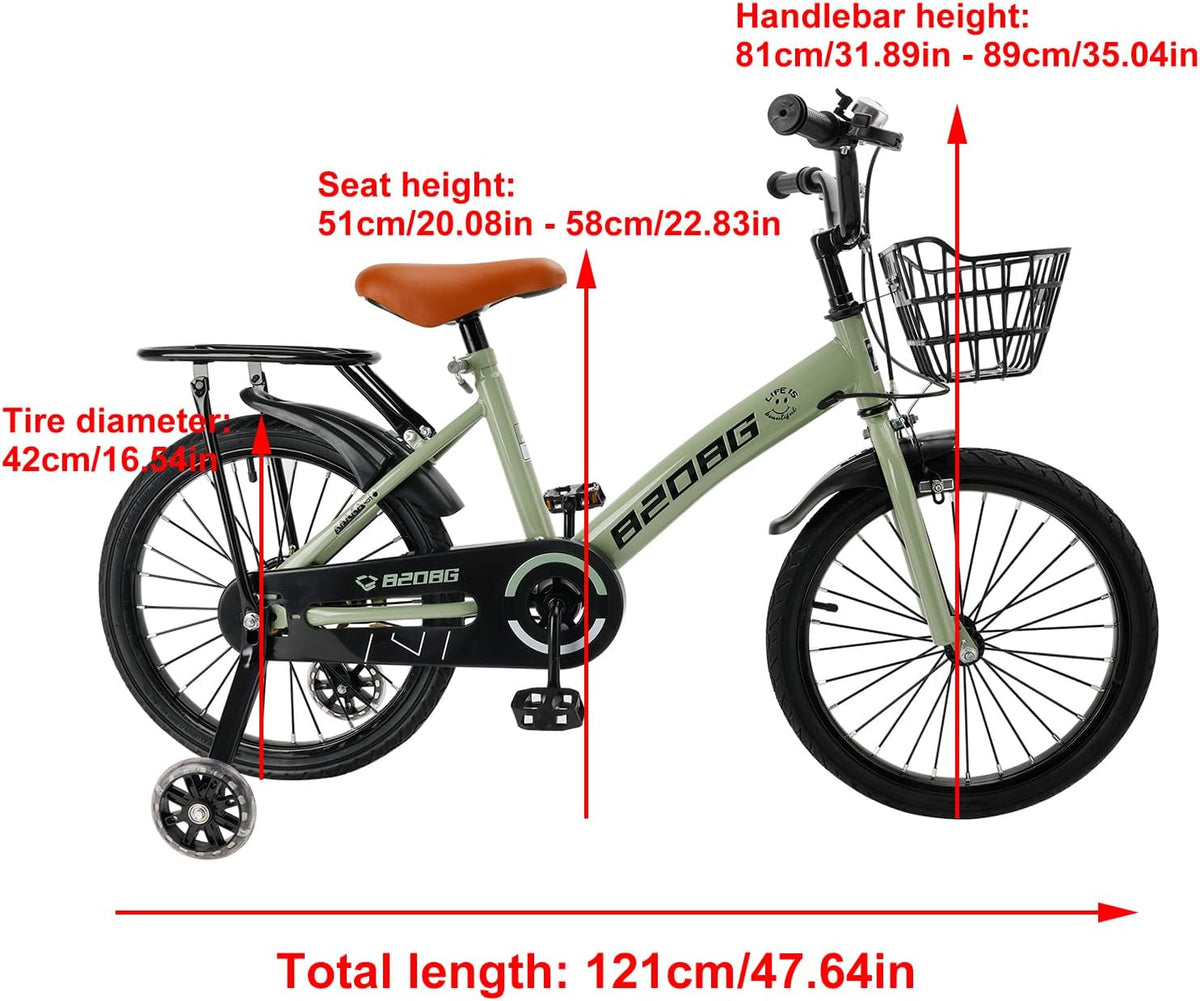 Kinderfiets, 45,7 cm (18 inch), hoogwaardig koolstofstalen frame, verstelbare zitting en stuur, dubbele remmen, geïntegreerde naven, afneembare mand, steunwielen, comfortabel zadel, jongens