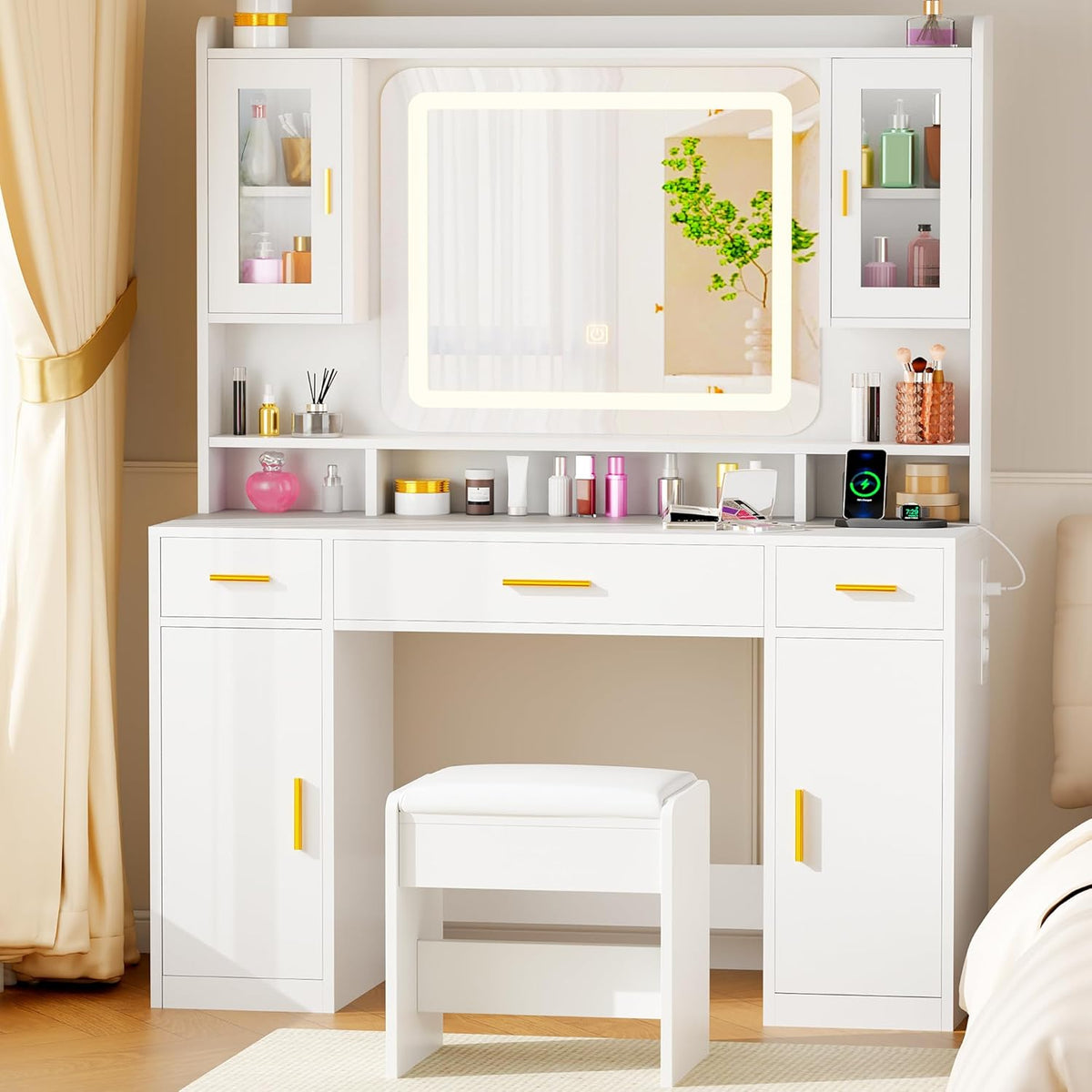 ANWBROAD Large White Dressing Table with Mirror and Lighting Modern 3 Colors Brightness Adjustable 4 Cabinets 3 Drawers 150x100x40cm BDT66W - QUORE