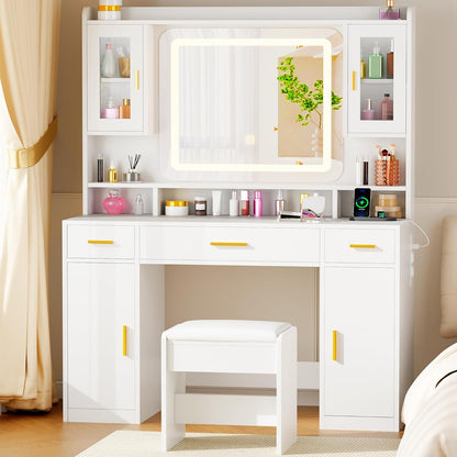ANWBROAD Large White Dressing Table with Mirror and Lighting Modern 3 Colors Brightness Adjustable 4 Cabinets 3 Drawers 150x100x40cm BDT66W - QUORE
