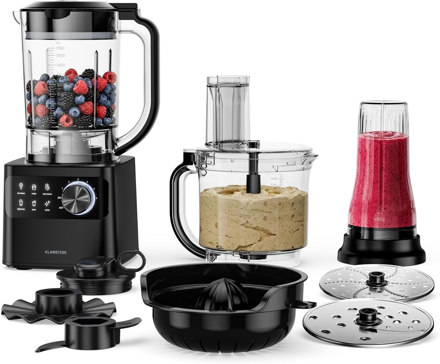 Klarstein Velaire keukenmachine met blender – multifunctionele keukenmachine van 1200 W, kom van 2 liter, blender van 1,75 liter, 6 programma’s en snelheden, sapcentrifuge- en vleesmolenopzetstukken