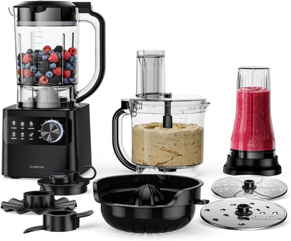 Klarstein Velaire keukenmachine met blender – multifunctionele keukenmachine van 1200 W, kom van 2 liter, blender van 1,75 liter, 6 programma’s en snelheden, sapcentrifuge- en vleesmolenopzetstukken