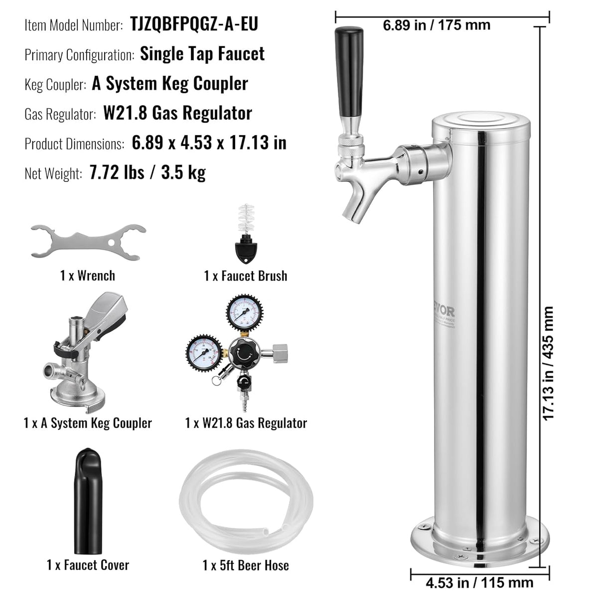 VEVOR Kegerator-toren-kit, enkele tap kraan-bierombouwset, roestvrijstalen biertoren tapsysteem met dubbele meter W21.8-regelaar en A-systeem vatkoppeling, bierdruppelbak voor feestjes thuis