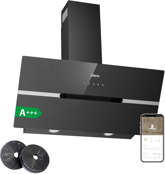 CIARRA CBCB9736F 90cm Schuine Afzuigkap, Recirculatie & Afvoer Wandmontage Schoorsteenkap met Touchbediening, 4 Snelheden, LED-verlichting[Energieklasse A+++]
