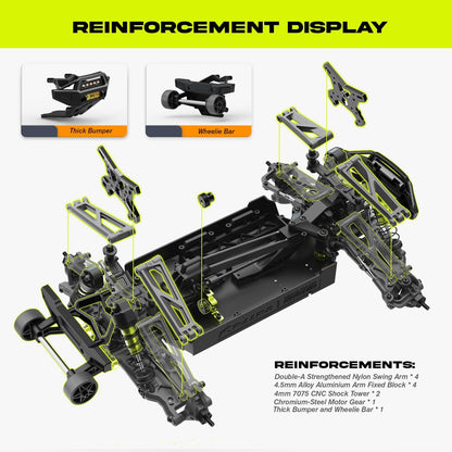 AMORIL 1/10 RTR borstelloze snelle RC-auto's voor volwassenen, max. 50 mph hobby elektrische off-road monstertruck, waterdichte high-speed RC-auto, 4WD-afstandsbediening auto met 3S Lipo, groen