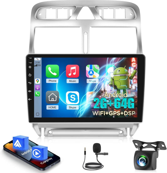 2+64GB Android Car Radio for Peugeot 307 2002-2013, 9 Inch IPS Touch Screen with Wireless CarPlay & Android Car, GPS WiFi Bluetooth DSP + Rear Camera & Microphone - QUORE