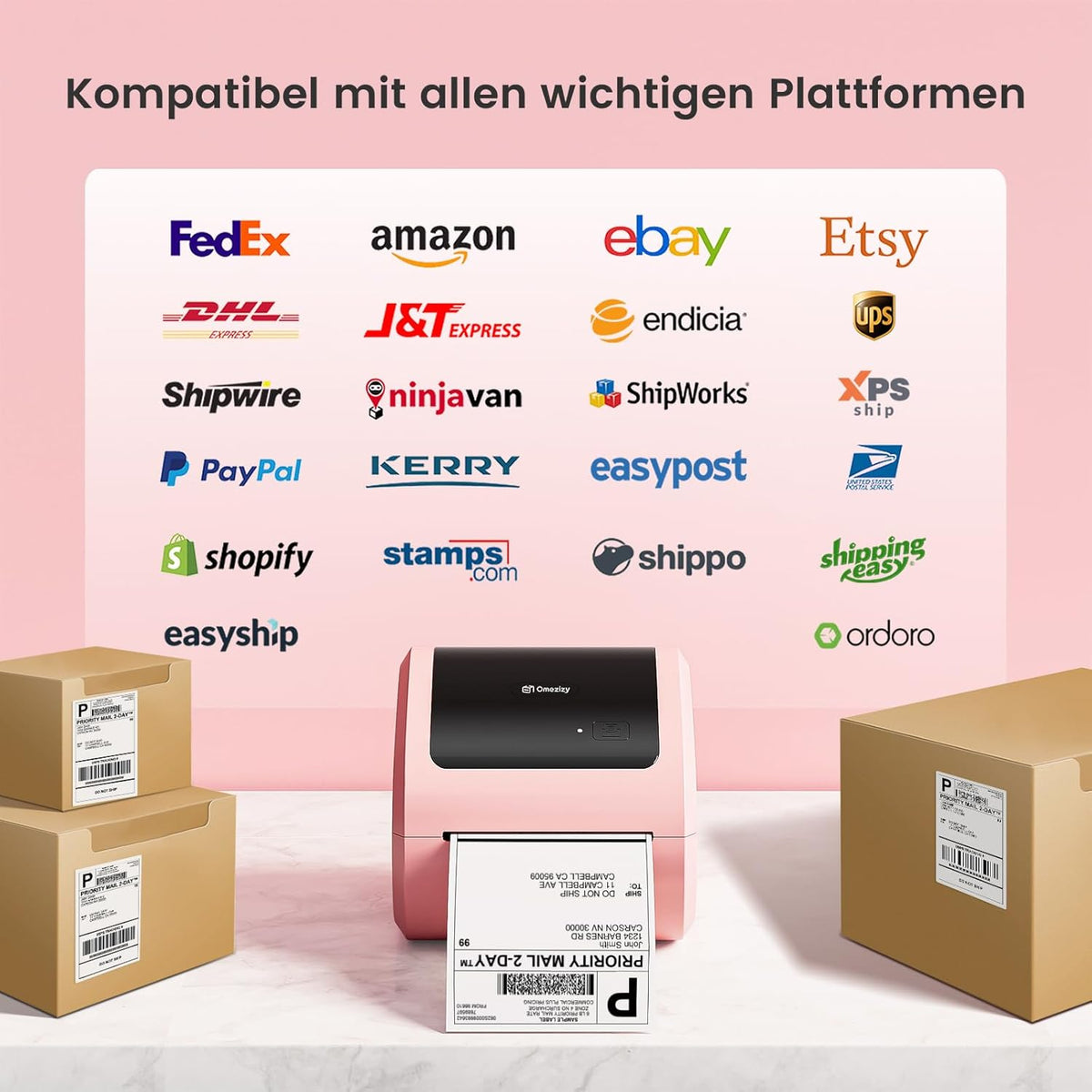 Bluetooth verzendlabelprinter 4x6 - roze draadloze thermische labelprinter voor kleine bedrijven, thermische printer voor verzendlabels, verzendetikettenfabrikant, compatibel met USPS, Amazon