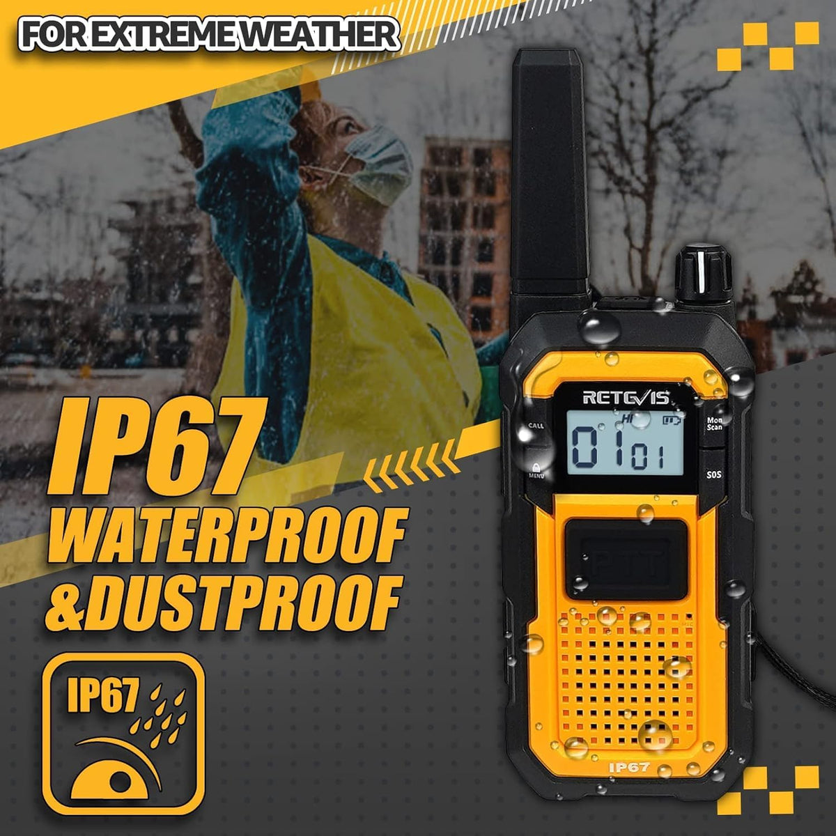 Retevis RB648 Zware Tweewegradio, IP67 Waterdicht, Stofdicht Robuuste Walkietalkies met Oorschelp, Oplaadbare Langeafstandsradio's voor Aannemers, Werklocaties en Buitengebruik (4-pack)