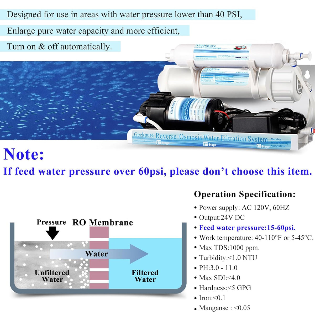 Geekpure 5 Phase Reverse Osmosis RO Drinking Water Filter System With Pump Extra 4 Filters-75GPD - QUORE