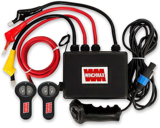 Winchmax Complete 12V elektrische lierbedieningskast, 4,5 m wandellood met Big Grip Controller. Dubbele lange afstand draadloze afstandsbedieningen. Stoere ABS tweedelige hoes.