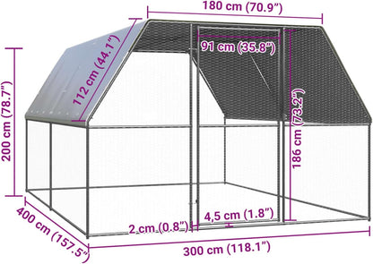 Chicken Cage with Roof, Chicken Coop, Freewheel, Chicken Aviary, Chicken, Small Animals, Poultry, Door with Lock, 3 x 4 x 2 m, Galvanized Steel