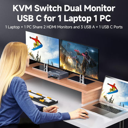 4K KVM Switch 2 Monitoren für 1 Laptop 1 Desktop, KUSB 3.0 KVM Switch 2 PC 2 Monitoren USB C, 4K@60Hz, MST, PD 100W, Aluminium, met Bedrade Afstandsbediening