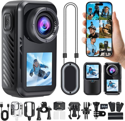 AIKER Action Cam 4K WiFi bijgewerkte versie, ultra-Hd-beeldkwaliteit, elektronische beeldstabilisatie, dual screen display, bodycam, helmcamera voor motorfiets, 360° actiecamera, multifunctionele