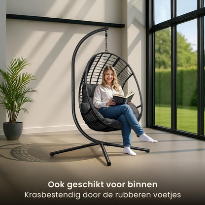Swoods XXL Egg Hangstoel – Hangstoel met standaard – Voor Binnen en Buiten – Incl. Kussens – Egg Chair – Weerbestendig - Ei Stoel – tot 150kg (Donkergrijs)