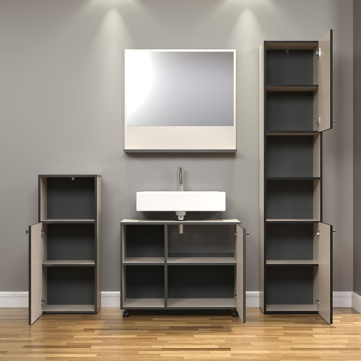 trendteam smart living - PureBliss - staande kast - Kashmir lichtgrijs - groeflook - 1 open vak + 1 plank - (BxHxD) 40 x 95 x 31 cm - badkamerkast met elegante metalen handgreep - QUORE