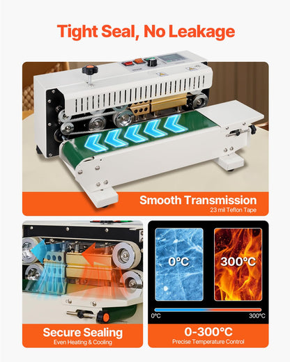VEVOR Doorlopende zakbandsluitmachine, 6-12 mm afdichtingsbreedte, horizontale bandsealmachine met digitale temperatuurregeling, koolstofstalen zakverzegelaar voor 0,02-0,8 mm plastic zakkenfilms