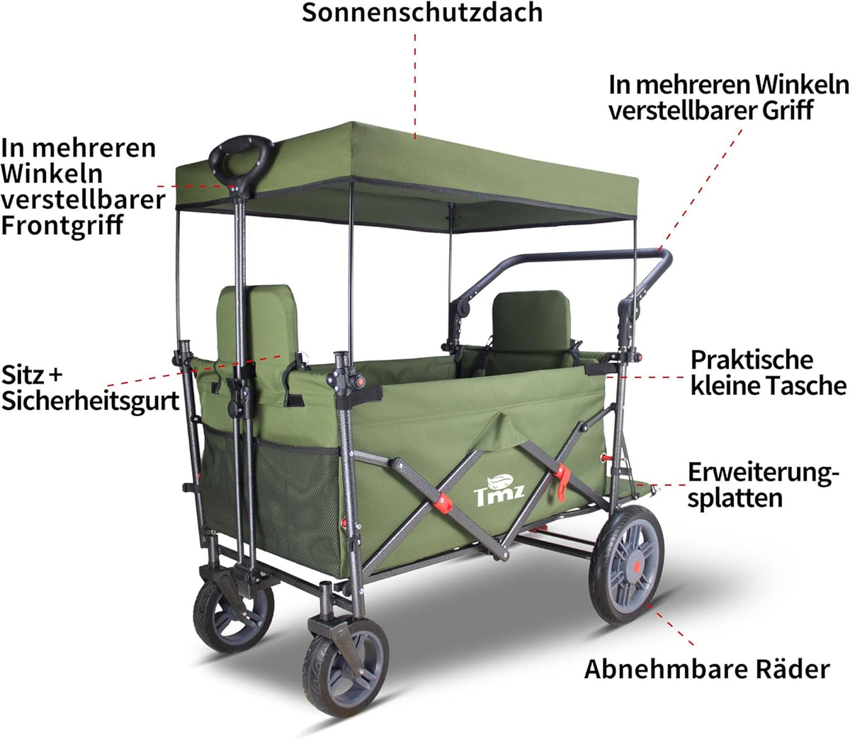 TMZ Opvouwbare bolderkar met 2 geïntegreerde klapstoelen, handwagen met remmen en dak, inklapbare transportwagen, draagvermogen 120 kg, voor alle terreinen, camping, strand, winkelen (groen)