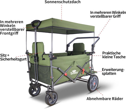 TMZ Opvouwbare bolderkar met 2 geïntegreerde klapstoelen, handwagen met remmen en dak, inklapbare transportwagen, draagvermogen 120 kg, voor alle terreinen, camping, strand, winkelen (groen)
