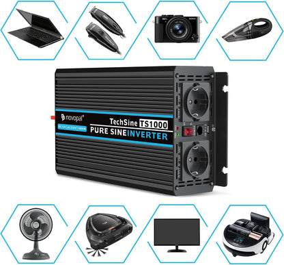 NOVOPAL 1000 W 2000 W auto omvormer spanningsomvormer -12 V 230 V zuivere sinus met 2 EU-stopcontact en USB-aansluiting, afstandsbediening, accukabel en handleiding (mogelijk niet beschikbaar in het