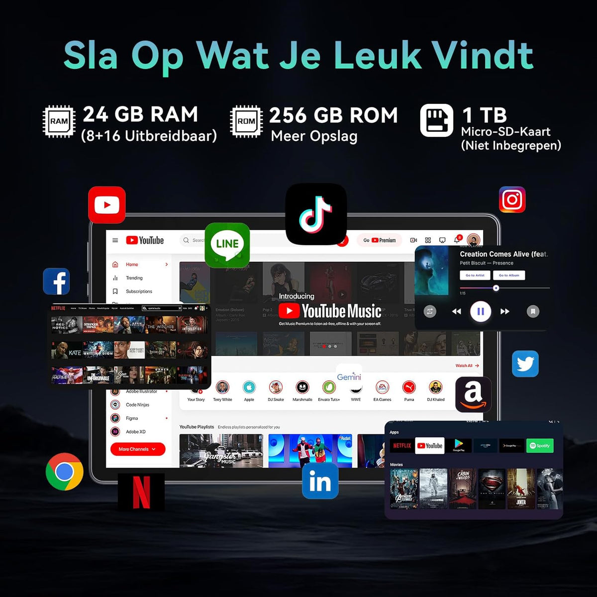 Tablet 11 Inch met Gemini AI, Android 16 Tablet met Hoe, Muis & Toetsenbord, Octa-Core, 24 GB RAM + 128 GB ROM + 2 TB TF, 1920 * 1200 HD Display, 90 Hz, 8MP + 13MP Dual Camera, 8000 mAh, Grijs