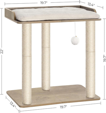 Kattenkrabpaal – Krabboom – Kattenboom – Krabpaal Kat – Krabmeubel – Groot Platform 50x34 cm – Drie Natuurlijke Sisal Kolommen 60 cm Hoog – Greige