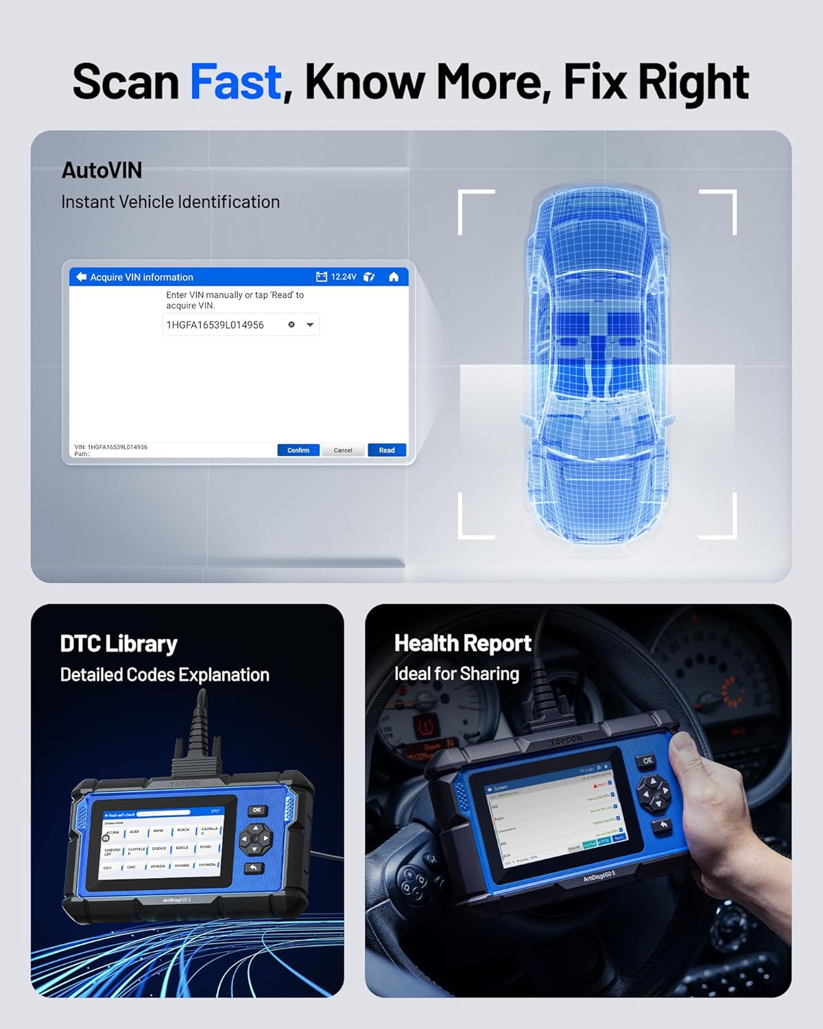 TOPDON ArtiDiag600S OBD2-codelezer, autodiagnosetool voor 4 systemen: motor/ABS/airbag/AT, 8 resetfuncties voor olie/rem/SAS/BMS/ABS/DPF/TPMS/gasklep, levenslange gratis update