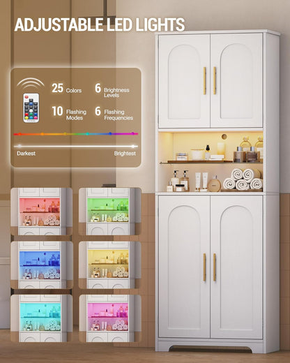 Hzuaneri Bathroom Cabinet, Bathroom Cabinet, Tall Cabinet with Colour Changing LED Lights and 4 Doors, Adjustable Shelves, Living Room, Bathroom, 30 x 60 x 170 cm, White Wood Grain SC68213X