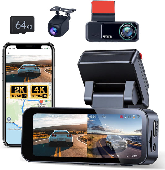 Hikity 4K Doppia Dashcam, 4K + 2K UHD telecamera per auto dashcam auto 3.16" Con Grandangolo di 150° G-sensor Visione Notturna ADAS/BSD Monitor di Parcheggio Registrazione in Loop 64G TF-kaart