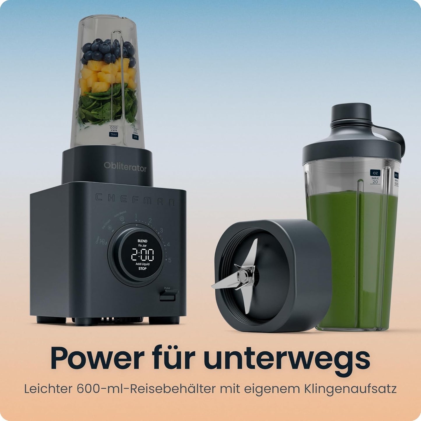 Chefman Obliterator 1,2 l blender voor smoothies, 1380 W motor voor het malen van ijs, noten en bevroren vruchten met roestvrijstalen lemmet, Auto Blend functie, incl. 600ml reiscontainer - Midnight