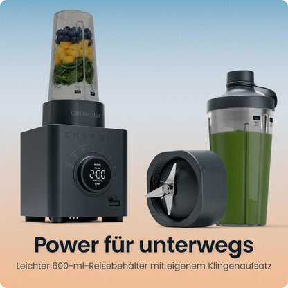 Chefman Obliterator 1,2 l blender voor smoothies, 1380 W motor voor het malen van ijs, noten en bevroren vruchten met roestvrijstalen lemmet, Auto Blend functie, incl. 600ml reiscontainer - Midnight