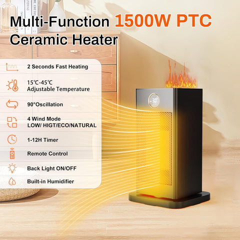 Elektrische Kachel - Keramische Ventilatorkachel - 1500W - met LED Luchtbevochtiger - 90° Oscillerende - Thermostaat - Timer 1-12 u - 15℃- 45℃ Warmtestanden - Afstandsbediening - Eco- & Ventilatormodus - 18 x 16 x 28.5 cm - Zwart
