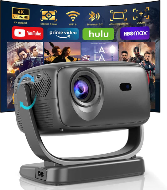 Beamer 4K [elektrische focus/180° draaien] 26.000Lux thuisbioscoop projector met wifi 6 en Bluetooth, Zoom, trapeziumcorrectie, native 1080p, overheadprojector voor iOS/Android smartphone